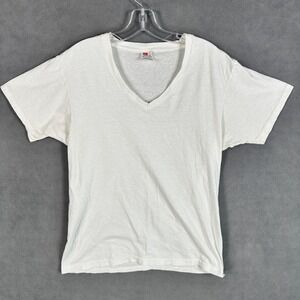 Vintage‎ Hanes Single Stitch T-Shirt Mens L 42-44 White V Neck Made in Jamaica